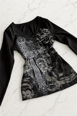 Siyah Skull Motifli Gotik Grunge Y2K Uzun Kollu Crop