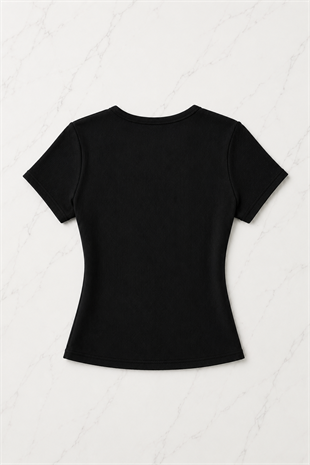 Siyah Soft Detaylı Nakışlı Çıtçıtlı Bluz