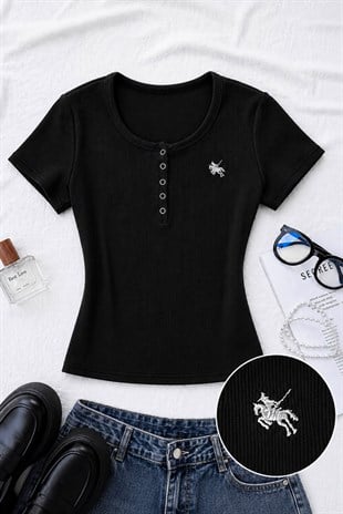 Siyah Soft Detaylı Nakışlı Çıtçıtlı Bluz