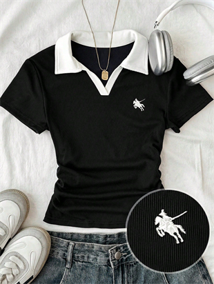 Siyah Solo Polo Yaka Beyaz Yakalı Bluz