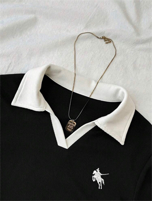 Siyah Solo Polo Yaka Beyaz Yakalı Bluz