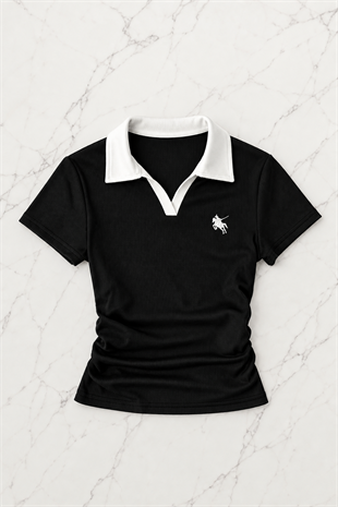Siyah Solo Polo Yaka Beyaz Yakalı Bluz