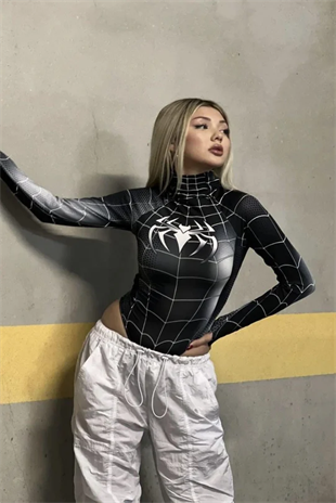 Siyah Spider Çıtçıtlı Uzun Kollu Body