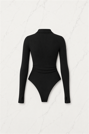 Siyah Steed Polo Yaka Parmak Geçirme Detaylı Bluz