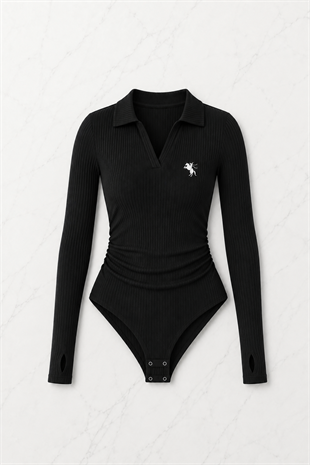 Siyah Steed Polo Yaka Parmak Geçirme Detaylı Bluz