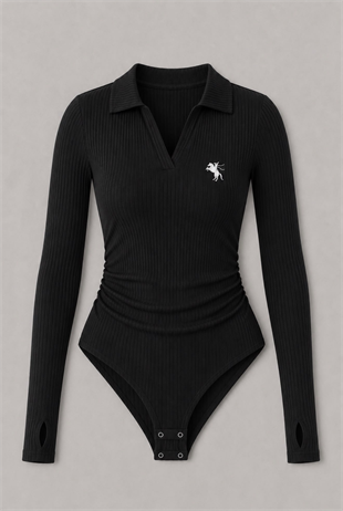 Siyah Steed Polo Yaka Parmak Geçirme Detaylı Bluz
