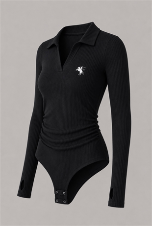 Siyah Steed Polo Yaka Parmak Geçirme Detaylı Bluz