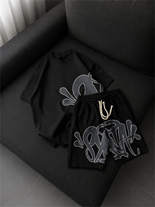 Siyah Street Graffiti Beyaz Unisex T-shirt & Şort Takım
