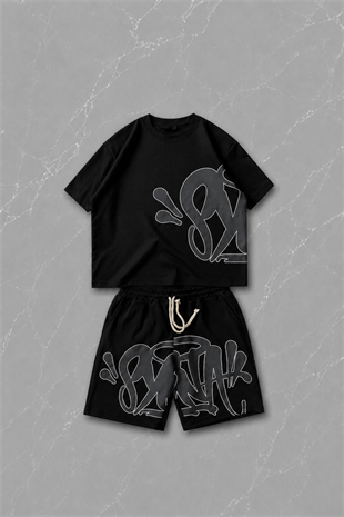 Siyah Street Graffiti Beyaz Unisex T-shirt & Şort Takım