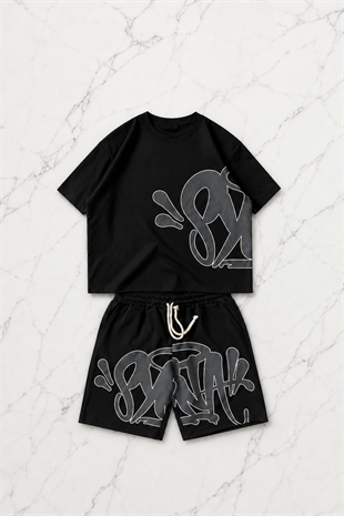 Siyah Street Graffiti Beyaz Unisex T-shirt & Şort Takım