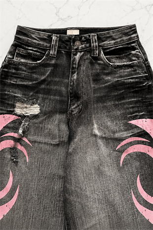 Siyah Taşlamalı Grunge Pembe Tribal Baskılı Harajuku Y2K Unisex Baggy Pantolon
