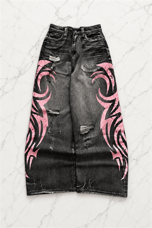 Siyah Taşlamalı Grunge Pembe Tribal Baskılı Harajuku Y2K Unisex Baggy Pantolon