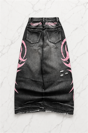 Siyah Taşlamalı Grunge Pembe Tribal Baskılı Harajuku Y2K Unisex Baggy Pantolon
