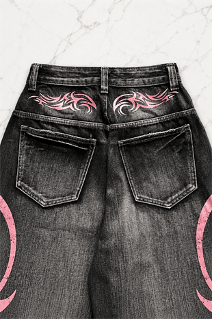 Siyah Taşlamalı Grunge Pembe Tribal Baskılı Harajuku Y2K Unisex Baggy Pantolon
