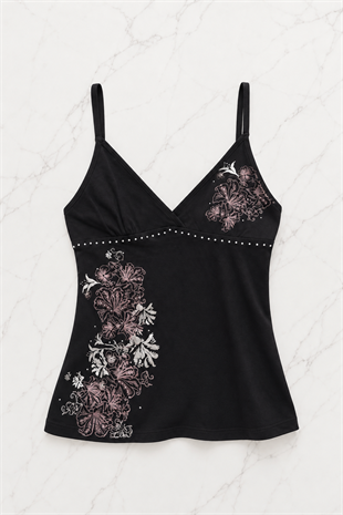 Siyah Taşlı Floral Desenli Vintage Y2K Askılı Crop