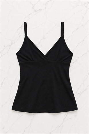 Siyah Taşlı Floral Desenli Vintage Y2K Askılı Crop