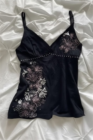 Siyah Taşlı Floral Desenli Vintage Y2K Askılı Crop