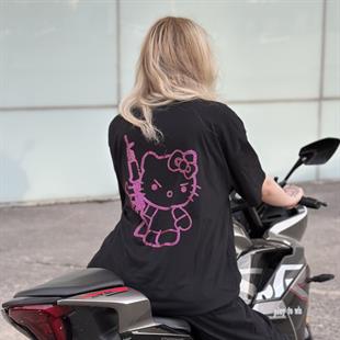 Siyah Taşlı Hello Kitty Premium Oversize T-shirt