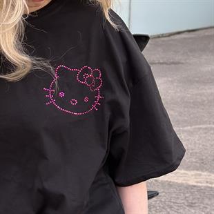 Siyah Taşlı Hello Kitty Premium Oversize T-shirt