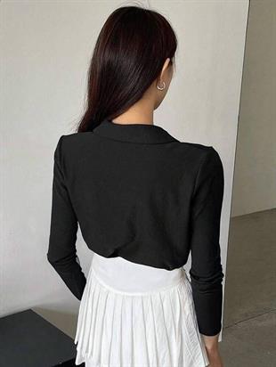 Siyah Tek Boynuzlu At Baskılı Polo Yaka Düğmeli Uzun Kol Tshirt