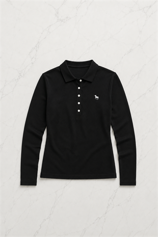 Siyah Tek Boynuzlu At Baskılı Polo Yaka Düğmeli Uzun Kol Tshirt
