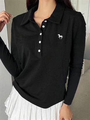 Siyah Tek Boynuzlu At Baskılı Polo Yaka Düğmeli Uzun Kol Tshirt