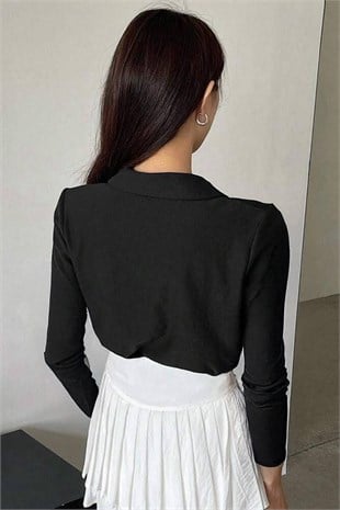 Siyah Tek Boynuzlu At Baskılı Polo Yaka Düğmeli Uzun Kol Tshirt