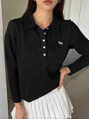 Siyah Tek Boynuzlu At Baskılı Polo Yaka Düğmeli Uzun Kol Tshirt