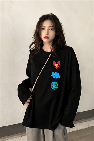 Siyah Unisex Heart Cloud World uzun Kol T-Shirt