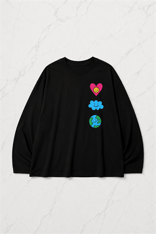 Siyah Unisex Heart Cloud World uzun Kol T-Shirt