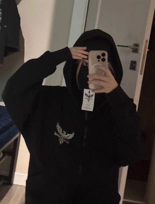 Siyah Unisex Kar Maskeli Kapüşonlu Oversize Hırka 