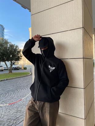 Siyah Unisex Kar Maskeli Kartal Hırka 