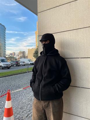 Siyah Unisex Kar Maskeli Düz Kapüşonlu Oversize Hırka 