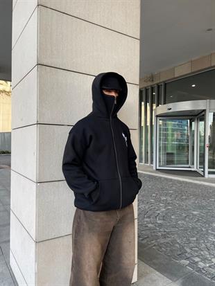 Siyah Unisex Kar Maskeli Kartal Hırka 