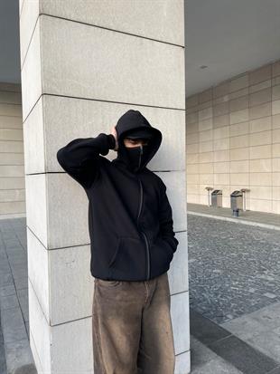 Siyah Unisex Kar Maskeli Düz Kapüşonlu Oversize Hırka 
