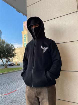 Siyah Unisex Kar Maskeli Kartal Hırka 