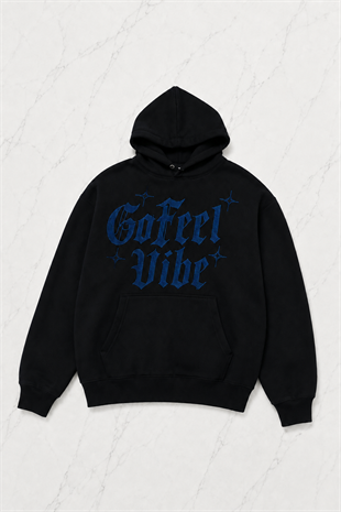 Siyah Unisex Oversize Mavi Gofeel Vibe Parıltılı Taş Baskılı Sweatshirt