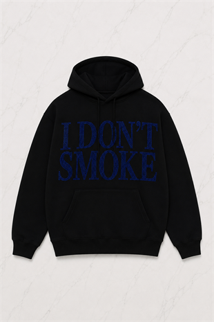 Siyah Unisex Oversize Mavi I Dont Smoke Parıltılı Taş Baskılı Sweatshirt