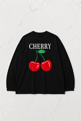 Siyah Unisex Sırt Baskılı Cherry Uzun Kol T-Shirt