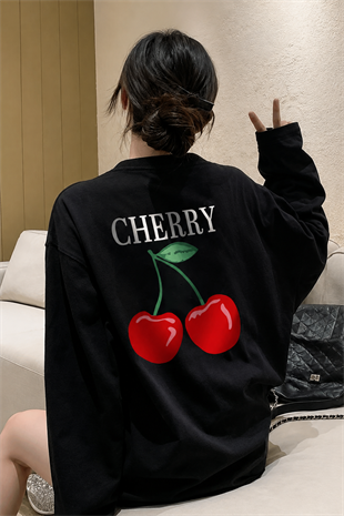 Siyah Unisex Sırt Baskılı Cherry Uzun Kol T-Shirt