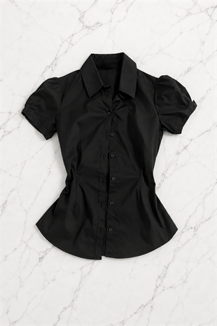 Siyah Vintage Mini Puff Sleeve Goth Y2K Kısa Kollu Gömlek