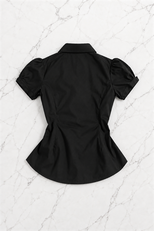 Siyah Vintage Mini Puff Sleeve Goth Y2K Kısa Kollu Gömlek