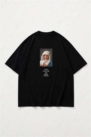 Siyah Virgin Mary Baskılı Kısa Kol Oversize T-Shirt