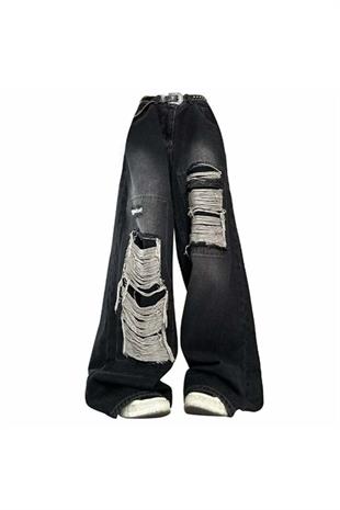 Siyah Wide Leg Aşırı Yırtık Detaylı Siyah Jean