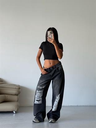 Siyah Wide Leg Aşırı Yırtık Detaylı Siyah Jean