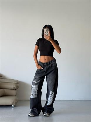 Siyah Wide Leg Aşırı Yırtık Detaylı Siyah Jean