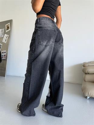 Siyah Wide Leg Aşırı Yırtık Detaylı Siyah Jean