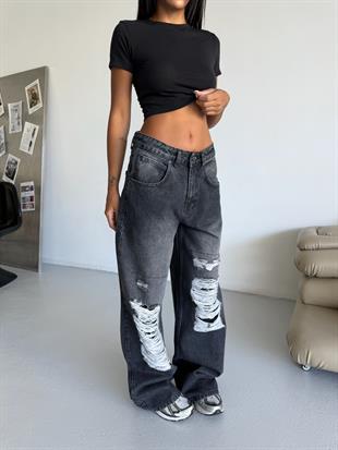 Siyah Wide Leg Aşırı Yırtık Detaylı Siyah Jean