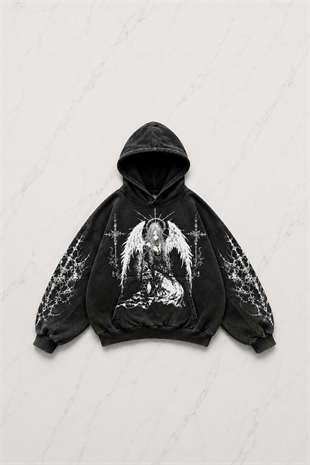 Siyah Winged Angel Gothic Kapüşonlu Sweatshirt