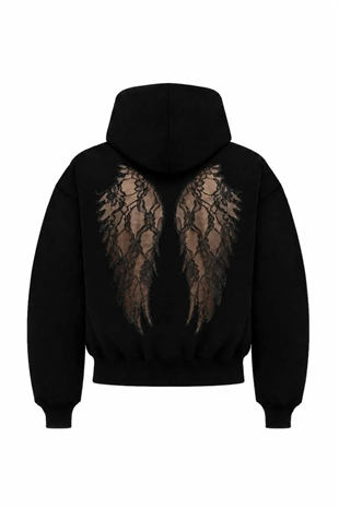 Siyah Wings Sırt Dantel Detaylı Oversize Sweatshirt